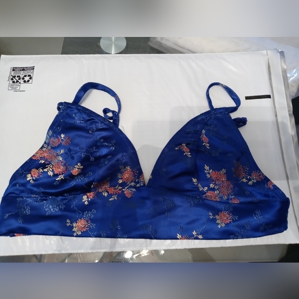 Shein Satin Floral Triangle Bikini top Zip Up Back Large
